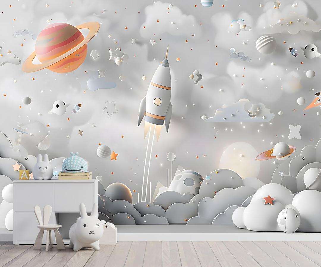 YQWDMX - Grey Cartoon Planet Nursery Wallpaper Mural Mural48 L 160" Wx112 H(Not Peel and Stick)