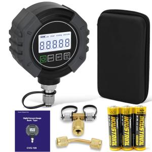 Pro Digital Vacuum Gauge, HVAC Pressure Tester with Alarm HVAC Micron Gauge 0-75,000 Microns, 7/16-20 UNF, 1/4 inch SAE, Temp Compensation, LCD Backlit Display