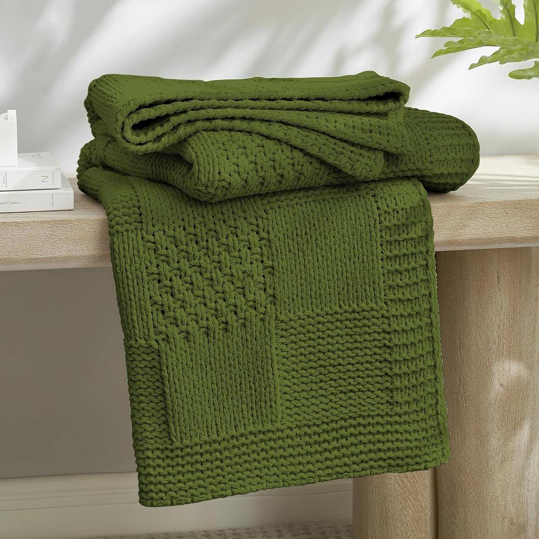 Amlie Home Checkered Chenille Knit Throw Blanket for Couch, Classic Texture Decorative Soft Blanket for Sofa, Chair & Bedroom, 50"x60", Olive Green