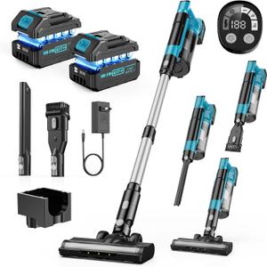 Cordless Vacuum Cleaner, 700W 60KPa Portable Stick Vacuum with 3 Modes, 2x4.0Ah Batteries, 6 in 1 Stick Vacuum Cleaner, Brushless Motor, 2L Dust Cup for Floor, Carpet, Car