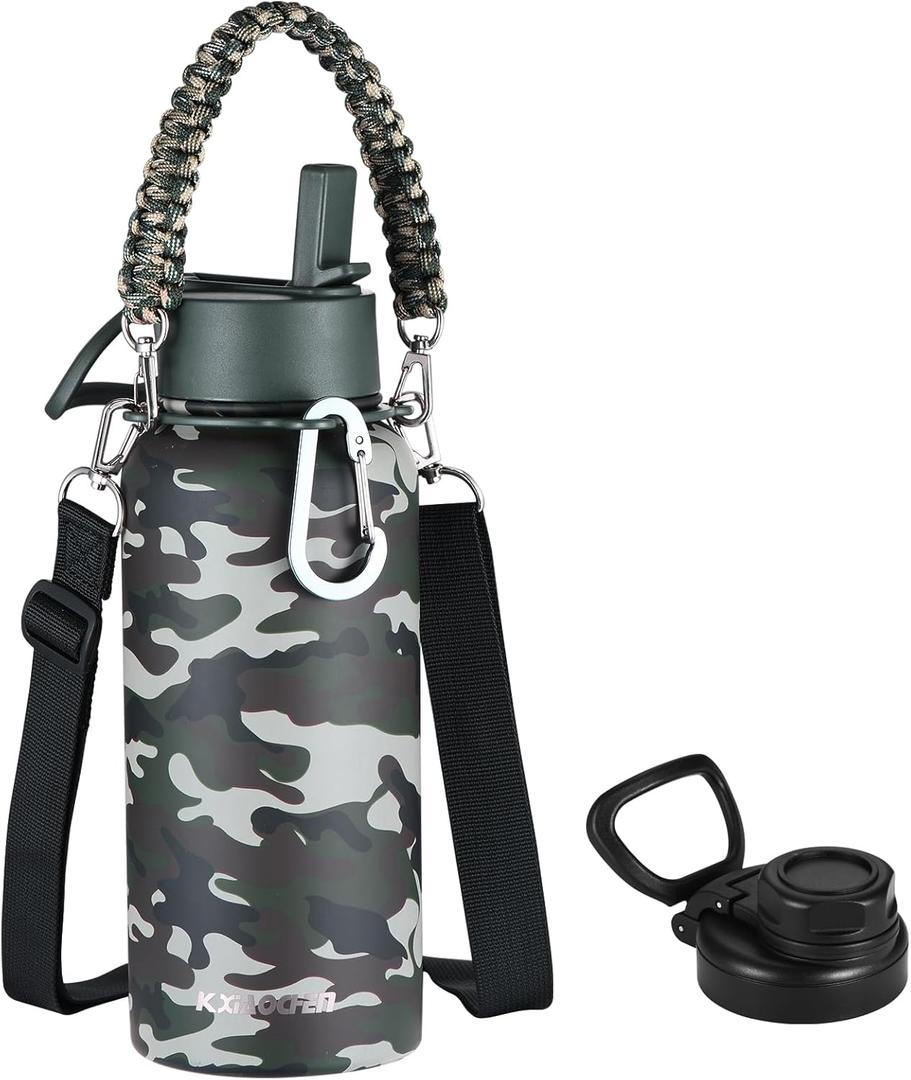 KXIAOCHEN Insulated Water Bottle, Stainless Steel Water Bottle, 2 Lids (Straw and Handle Lid),Wide Mouth Metal Water Bottles Keep Hot and Cold, Double Walled, Thermo Mug, Metal Canteen (Camouflage)