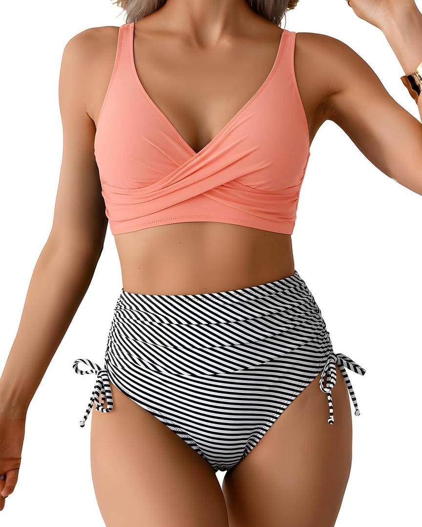 Women's High Waisted Two Piece Swimsuit Twist Front Bikini Sets | Tummy Control, 2 Piece, Push Up, Removable Pads, Wireless, Lace-up Back, Beachwear, Summer Holiday Outfits (Pink, M)