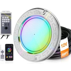 10 Inch LED Pool Light for Inground Pool, 50W Ultra Bright RGB Underwater Swimming Pool Light with Controller, Remote & APP Control, Color Change, Built-in 12V Transformer (120V Input), 50FT Cord