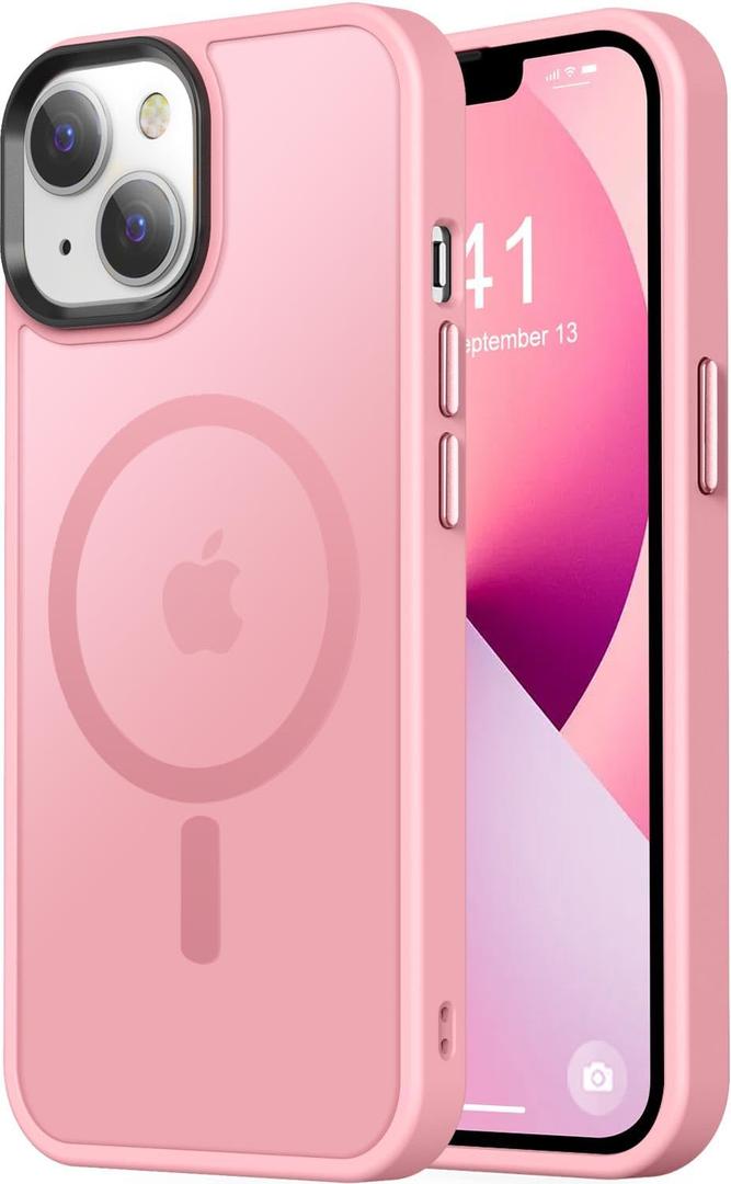 Thomo Strong Magnetic for iPhone 13 Case & iPhone 14 Case Compatible With Magsafe 10FT Drop Resistant Matte Skin Feeling Back, Aluminum Alloy Keys Phone Case iPhone 13/14, Pink