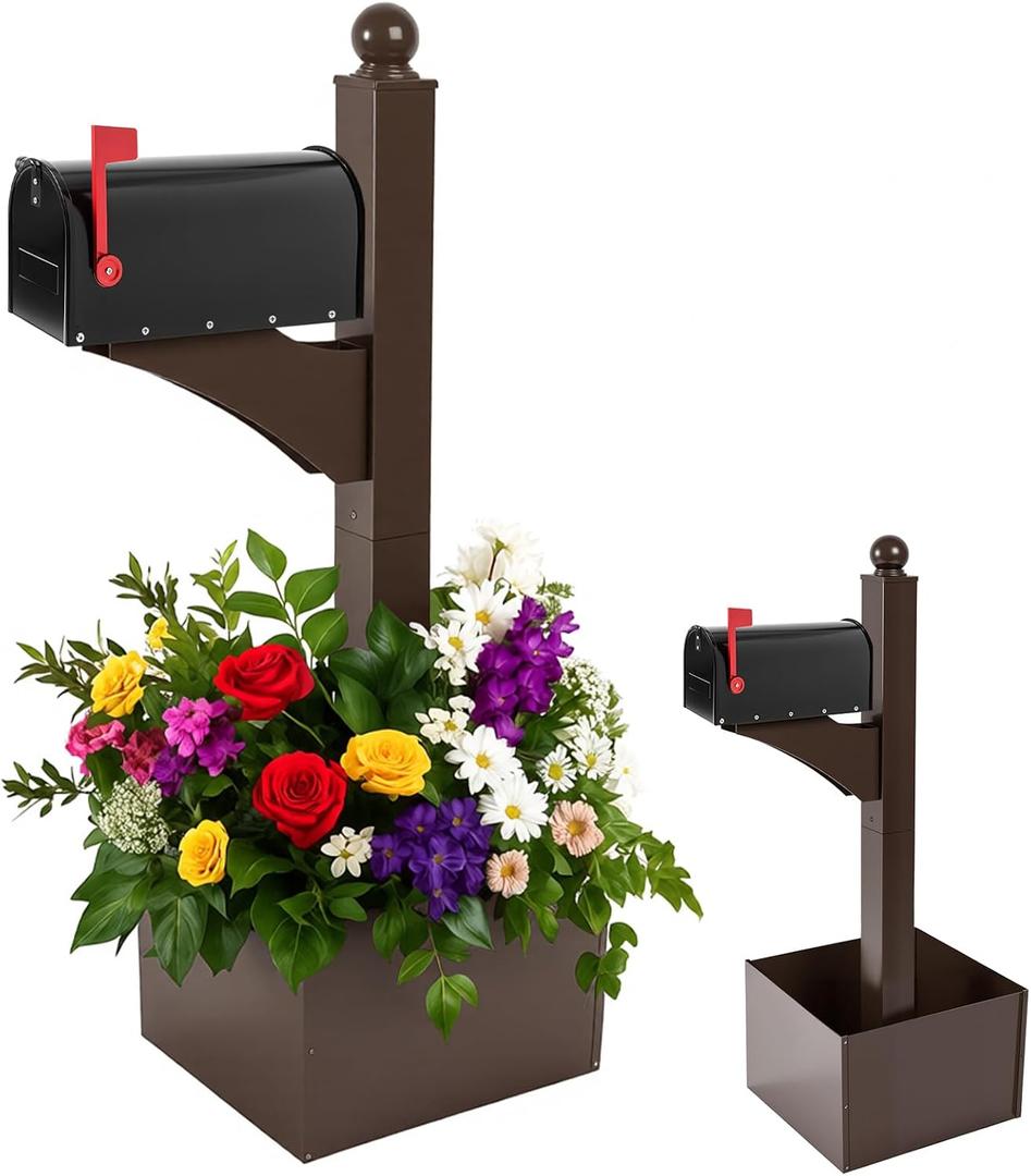 Colingmill Brown and Black Iron Mailbox Posts with Mailbox and Planter Box for Outside Decorative Ground Mounting Post 56 Inch / 4.6 ft Tall Heavy Duty Stand for Outdoor Use