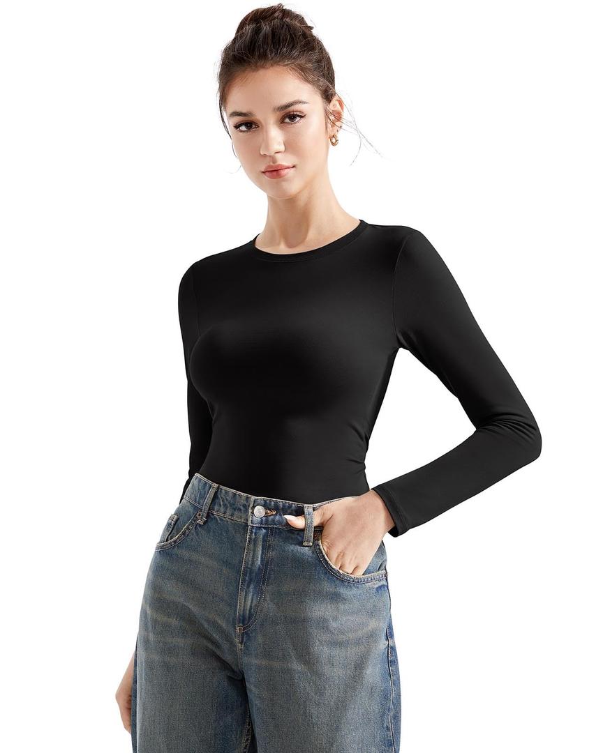 SUUKSESS Women Crew Neck Fitted T Shirts Cotton Jersey Basic Long Sleeve Crop Tops (Black, XL) (Black, XL)