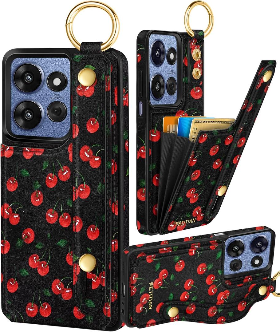 Petitian for Moto G 5G/Play 2025 Case with Wallet - Women Girls Cute Girly Aesthetic Design Leather Credit Card Holder Cardholder Stand Wristband for Motorola G 5G/Play 2025, Black Cherry