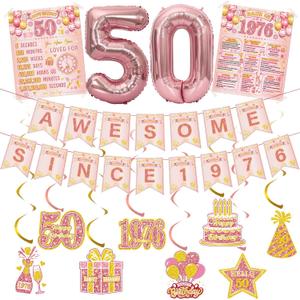 50th Birthday Decorations Women Balloons - 14 Pcs Rose Gold Birthday Number Foil Balloon Banner Hanging Swirls Vintage Poster For 50 Year Old Party Supplies