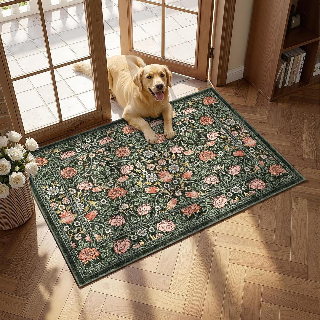 GarveeHome Dark Green Vintage Floral Small Rug 2x3 Door Mat Indoor Rugs for Entryway Washable Non-Slip TPE Backing Soft Low-Pile Rugs for Bathroom Bedroom Kitchen Entrance