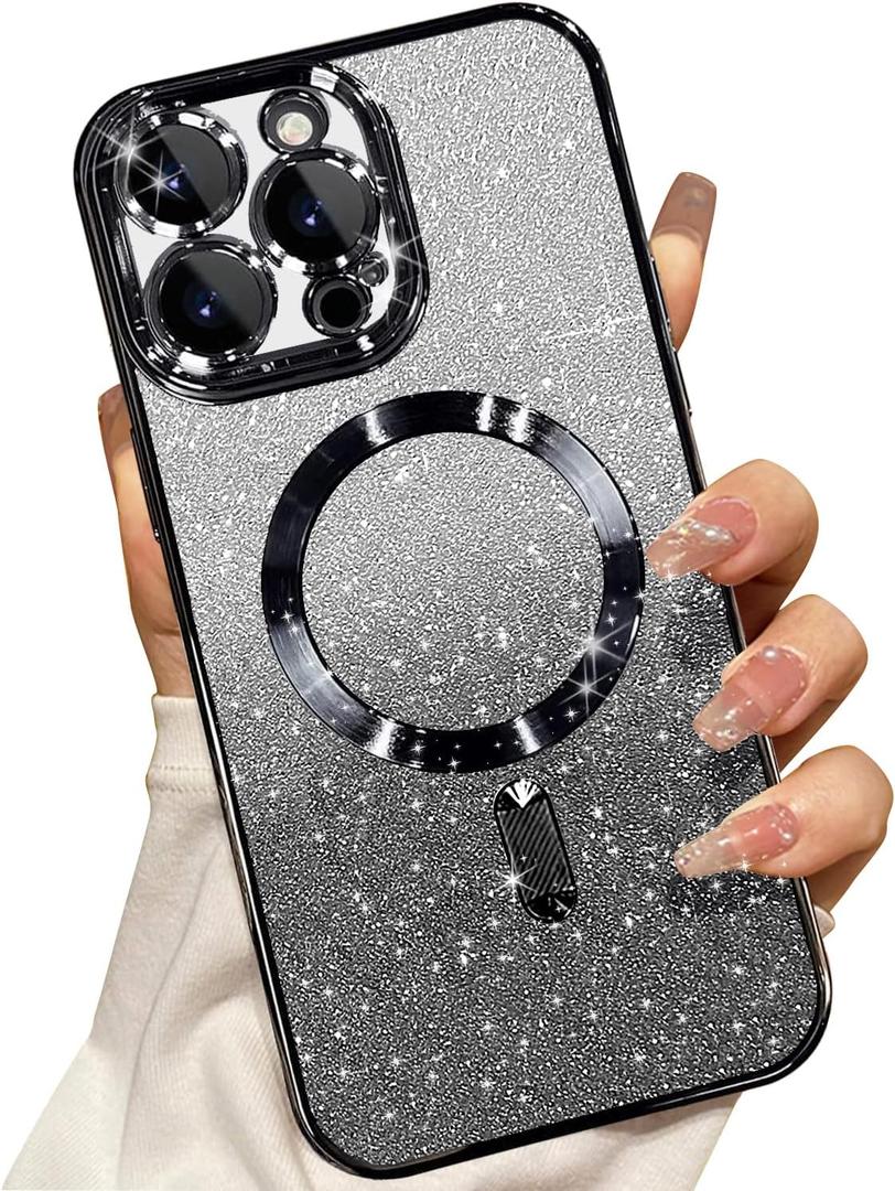 Misscase Compatible with iPhone 14 Pro Magnetic Glitter Case with Camera Lens Protector Full Protection Case Compatible with MagSafe Elegant Anti-Scratch Case Cover for iPhone 14 Pro Black