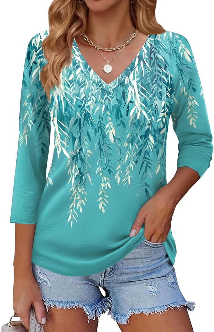 Zeagoo Womens Summer 3/ 4 Sleeve Tunic Tops Dressy Casual Work Blouses Print V Neck Shirts Work Outfits, Medium