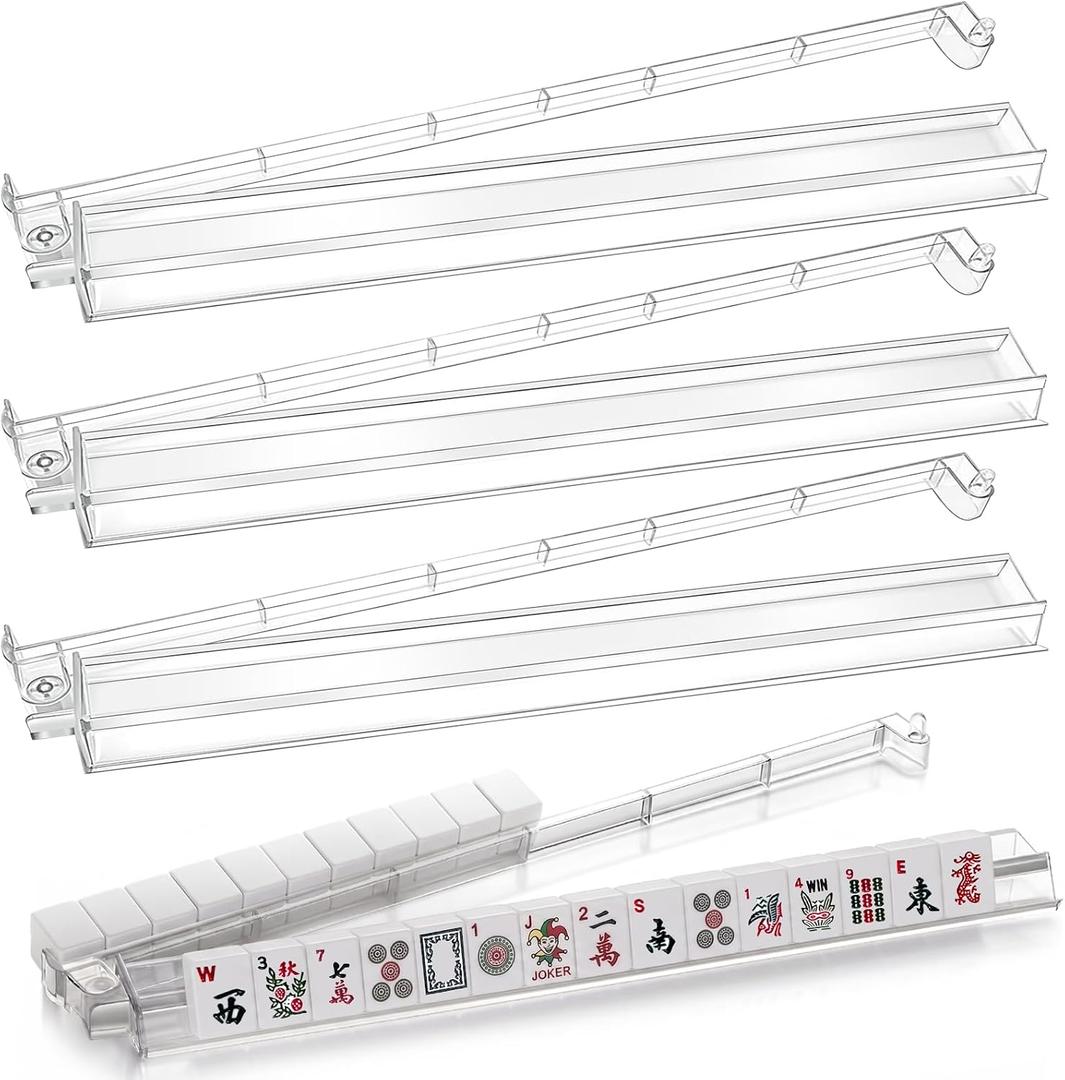 Mahjong Rack & Pusher 4-Pack, Clear Acrylic Tile Holders, Modern US Style, 18.9 x 3.1 x 1.2 inch