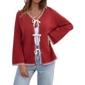 Tie Front Bow Cardigan for Women Trendy 2025 Casual Bell Long Sleeve Chunky Knit Cardigan Sweater Winter Clothing Coat (Medium, Red)
