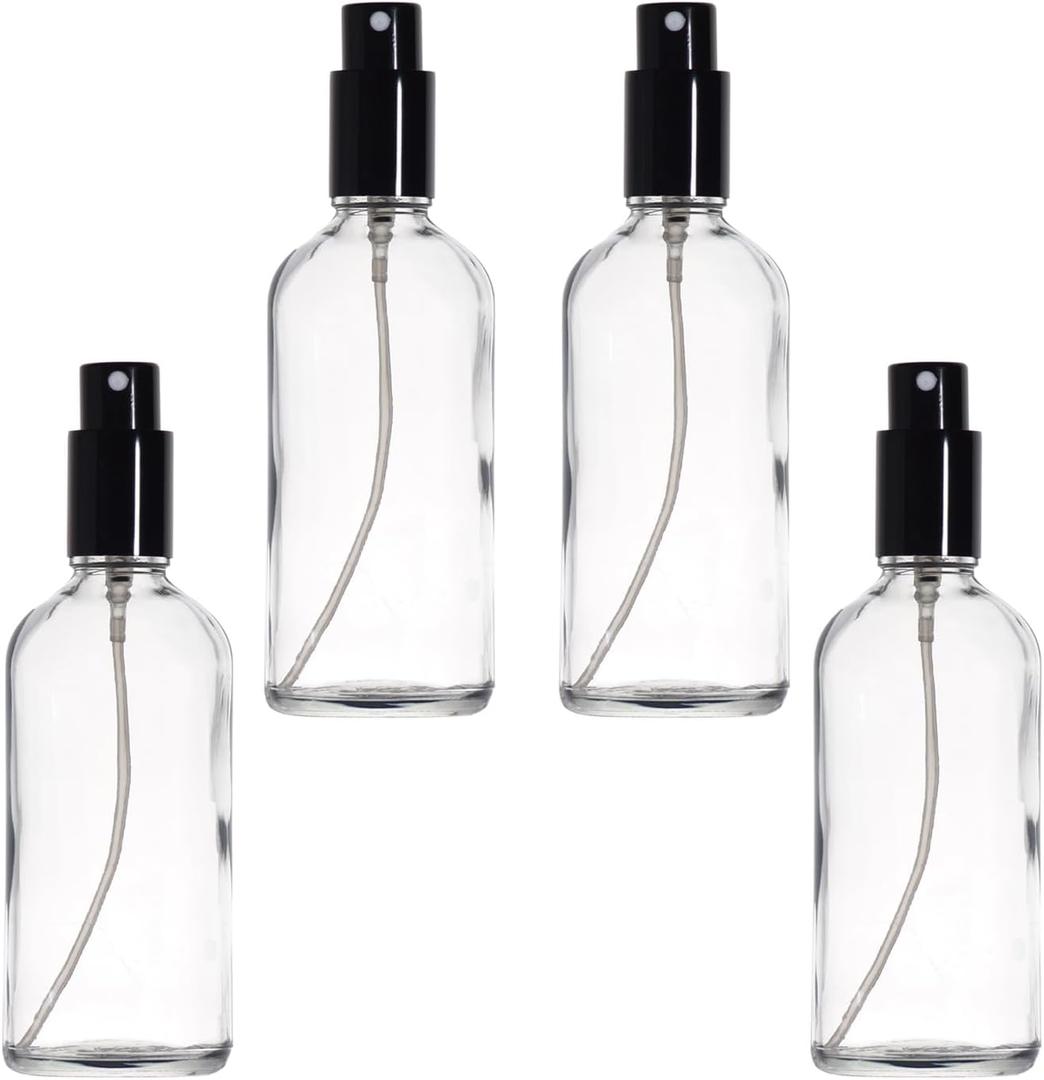 YIZHAO Clear Glass Spray Bottles 4oz, with Small Fine Mist Spray, Metal Cap, Refillable for Essential Oil,Travel,Cleaning,Perfume,Aromatherapy,Makeup 4 Pcs (Transparent, 100ml-4)