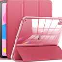 INFILAND Compatible with iPad A16 Case 11th Generation 11 Inch 2025, iPad 10th Generation Case 10.9 Inch 2022, Clear Slim Protective Cover with Pencil Holder & Charging Adapter Slot, Rose Pink