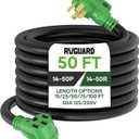 RVGUARD 50 Amp 50 Foot RV/EV Extension Cord, NEMA 14-50P/R Heavy Duty Extension Cord with LED Power Indicator and Cord Organizer, Green, ETL Listed