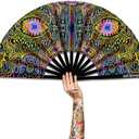 UV Glow Rave Fan, Bamboo Folding Clack Hand Fans Foldable for Men Women, Poping Fan for EDM Festival Line Dance Decoration, (Space Psychedelic, Large 13")