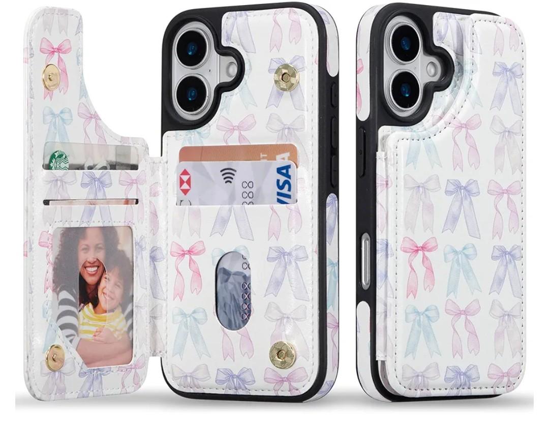 for iPhone 17 Wallet Case with Card Holders, PU Leather Double Magnetic Clasp Kickstand Trendy Girly Women Case for iPhone 17 (6.3 inch) Case, Colourful Bow