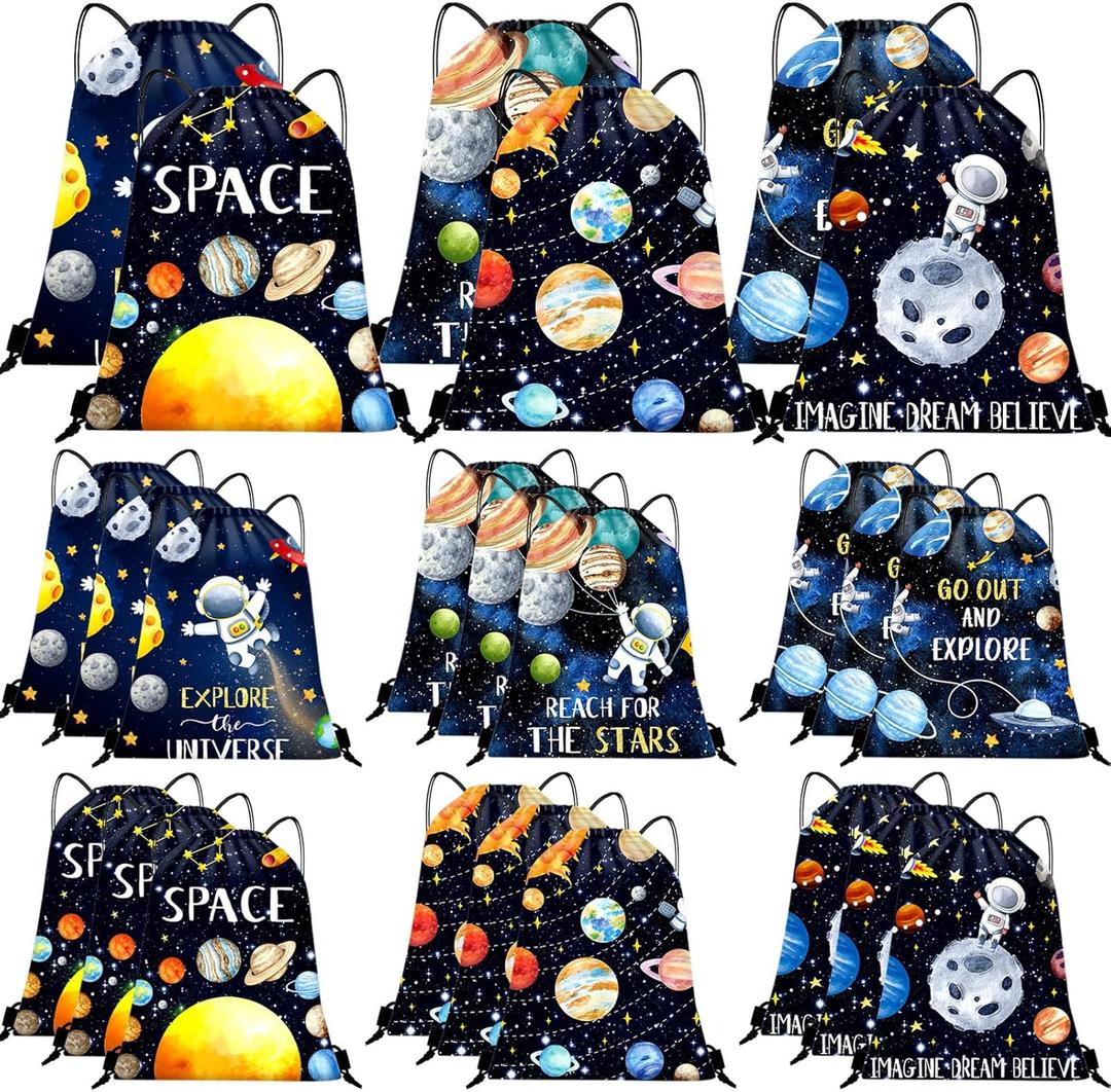 Paterr 24 Pcs Outer Space Party Favors, Astronaut Drawstring Backpack for Kids, Reusable Birthday Astronaut Return Goodie Bags, Galaxy Space Gift Bag for Baby Shower Supplies Candy Treat