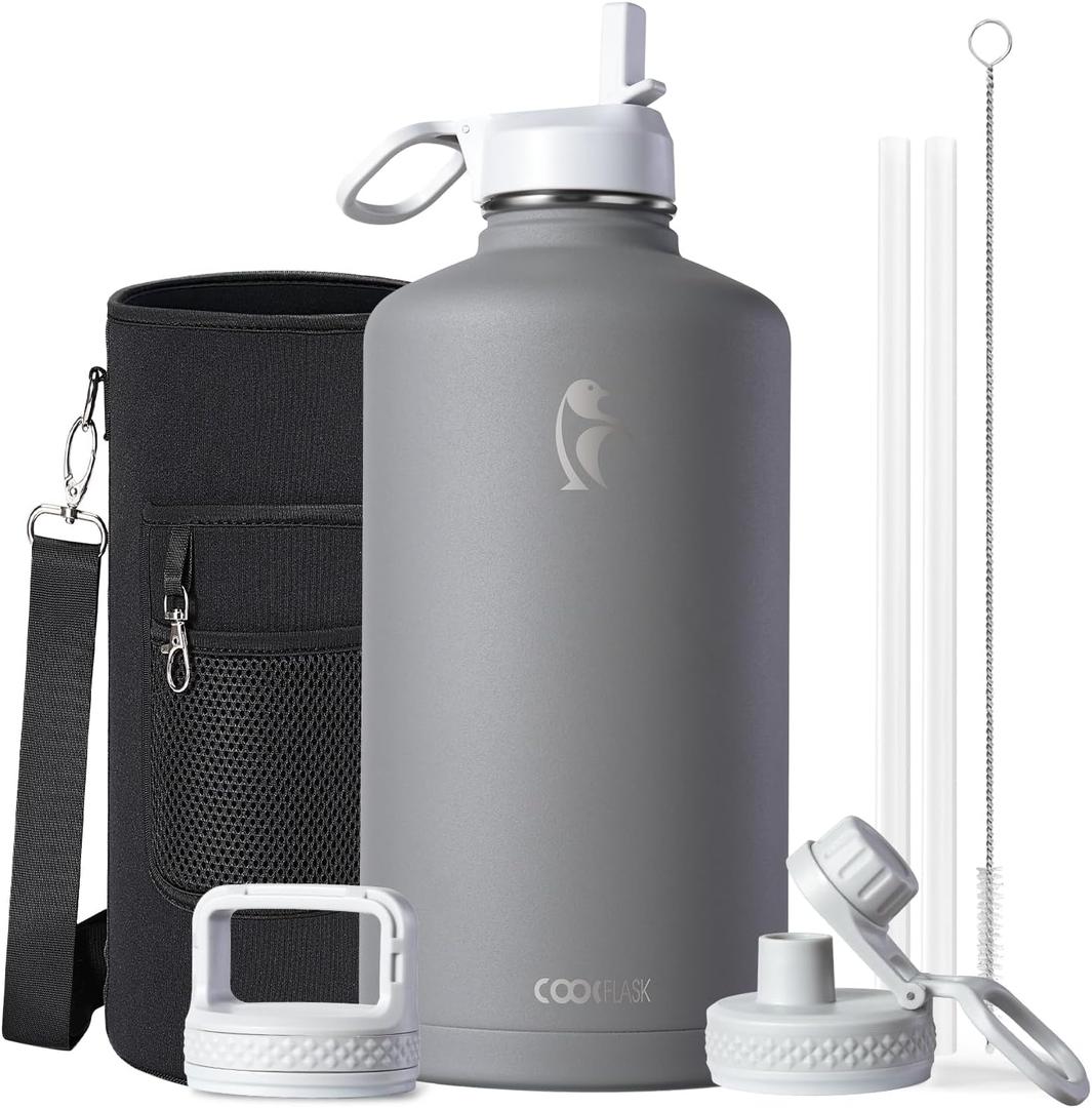 Coolflask 128 oz Gallon Water Bottle Insulated with Straw & 3 Leakproof Lid