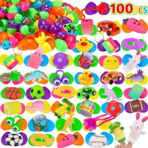 100PCS Prefilled Easter Eggs with Toys Easter Basket Stuffers Fillers For Kids Toddler Boys Girls Plastic Stuffed Easter Eggs Fillable Small Toys Bulk for Egg Hunt Supplies Pinata Game Party Favors