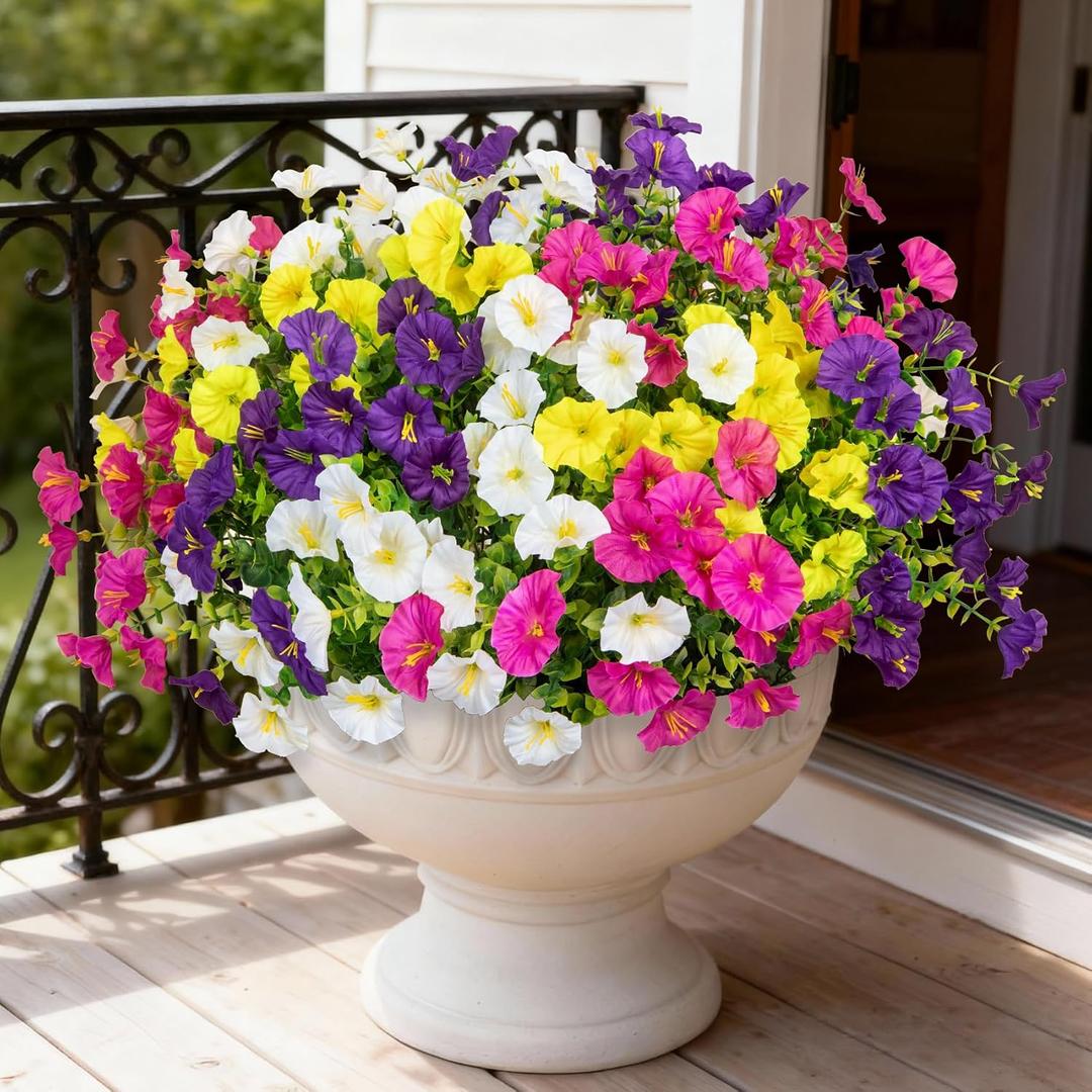 Bassion Artificial Flowers for Outdoors, 20 Bundles Silk Fake Flowers UV Resistant Realistic Morning Glory Faux Eucalyptus Plants for Outside Planters Porch Window Box Garden Indoor Decor