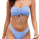 ZAFUL Women Strapless Drawstring Bandeau Bikini Wave 2 Piece Swimwear Cheeky Solid Lace up Bathing Suits(0-Light Blue,L)