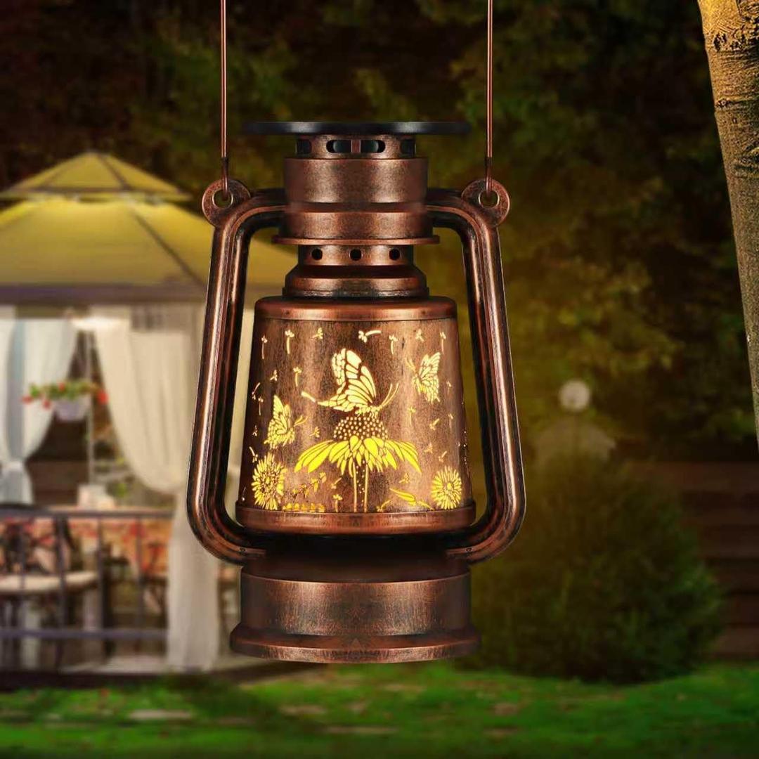 Solar Lantern Outdoor Hanging Vintage LED Waterproof Camping Light with Beautiful Graphics Landscape Decor for Yard,Patio,Porch,Lawn,Tabletop(Butterfly)