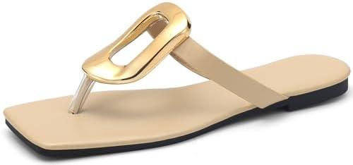 Womens Flat Sandals Leather Comfortable Flip Flops Slide Summer Beach Shoes with Metal Decoration, Size 41