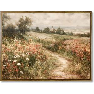 Framed Canvas Wall Art Vintage Decor, Vintage Painting Wall Art Prints, Landscape Wall Art for Living Room Decor Bedroom Home Bathroom Wall Decor (Wildflower Field) (16"L x 12"W)