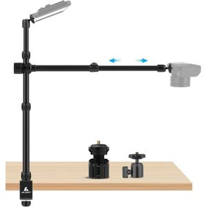 Ailight Overhead Camera Mount Desk Stand, 15.75"-33.45" Webcam Mount with 2-Section Adjustable Telescopic Boom Arm, C Clamp/Swiveling Ball Head for DSLR Camera, Ring Light, Webcam
