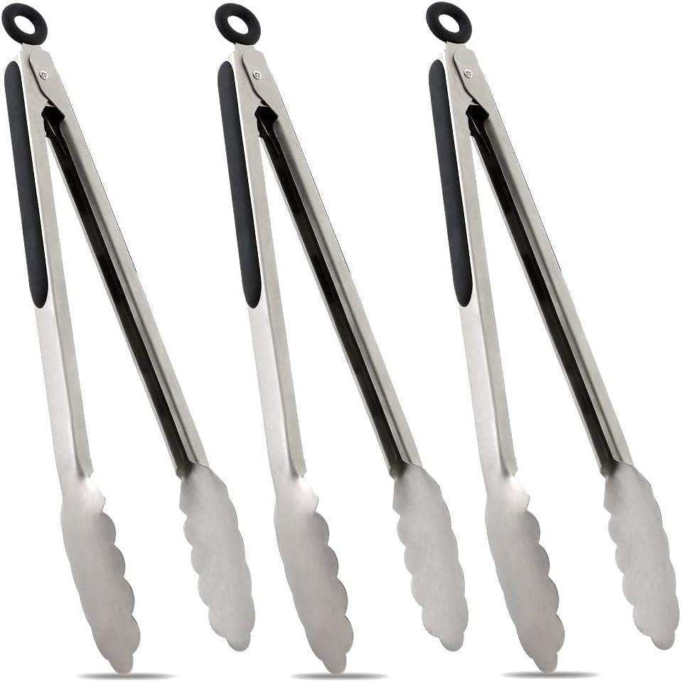 TENTA TENTA KITCHEN 12" Stainless Steel Kitchen Tongs, Locking Metal Food Tongs Non-Slip Grip (Set of 3)