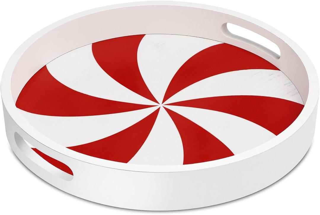 Christmas Serving Tray with Handles Christmas Round Decorative Tray Coffee Table Serving Platter Rustic Wooden Decorative Tray for Xmas Entertaining for Coffee Wine Table Serving(Candy Cane)