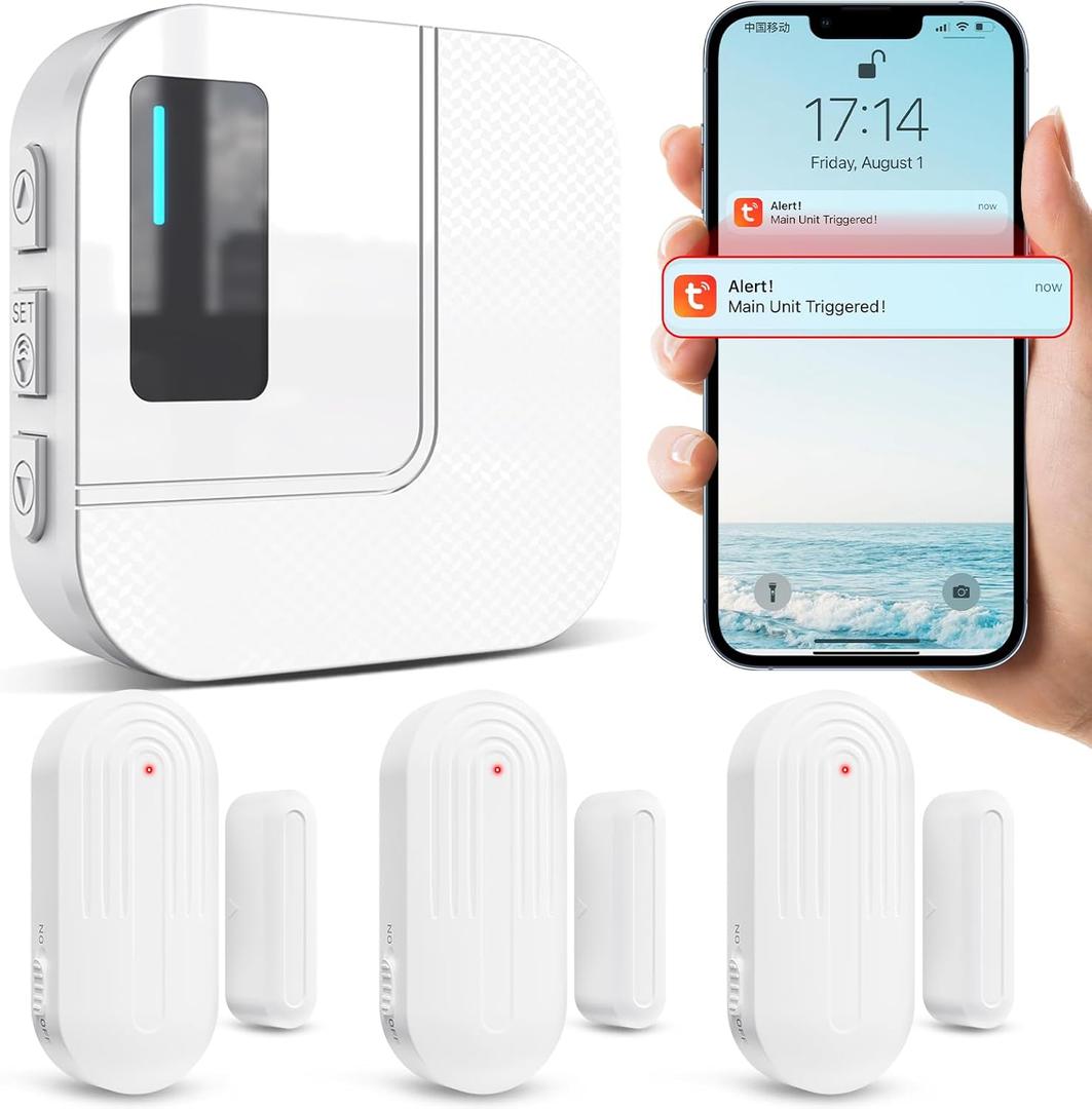 Door Chime,Sanjie WiFi Door Sensor Open Chime When Entering for Business/Home/Store/Office Alert Your Phone,Alarms for Kids Safety,500 FT Range,20 Ringtones,3 Sensors 1 Receiver