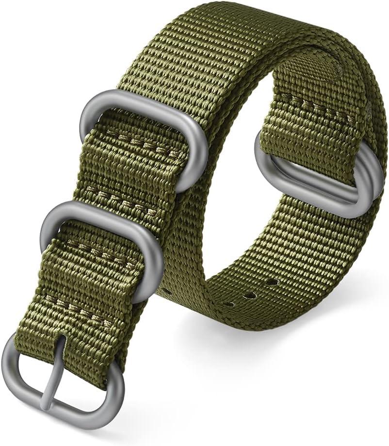 Watch Bands - Thick Premium Military Ballistic Nylon Style Strap With Heavy Silver Stainless Steel Buckle - Choice of Width - 18mm, 20mm, 22mm or 24mm (Army Green)