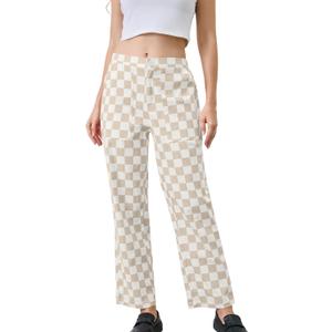 Women's Checkered Pants Zip Off Plaid Gingham Pants Casual Elastic High Waist Straight Leg Jeans with Pockets (Large, Apricot White)