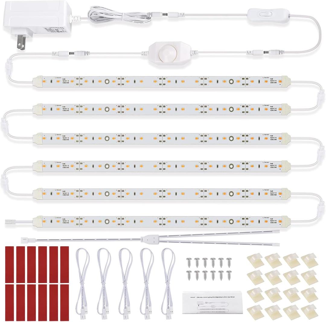 Under Cabinet LED Lighting Kit for Kitchen Cabinet Counters Shelf Closet. 6 PCS 12 Inches Light Strip with Adapter Switch Dimmer Extension Cable. Plug in. Dimmable. 1500 Lumen. Warm White 2700K Under Cabinet LED Lighting Kit for Kitchen Cabinet Counters Shelf Closet. 6 PCS 12 Inches Light Strip with Adapter Switch Dimmer Extension Cable. Plug in. Dimmable. 1500 Lumen. Warm White 2700K