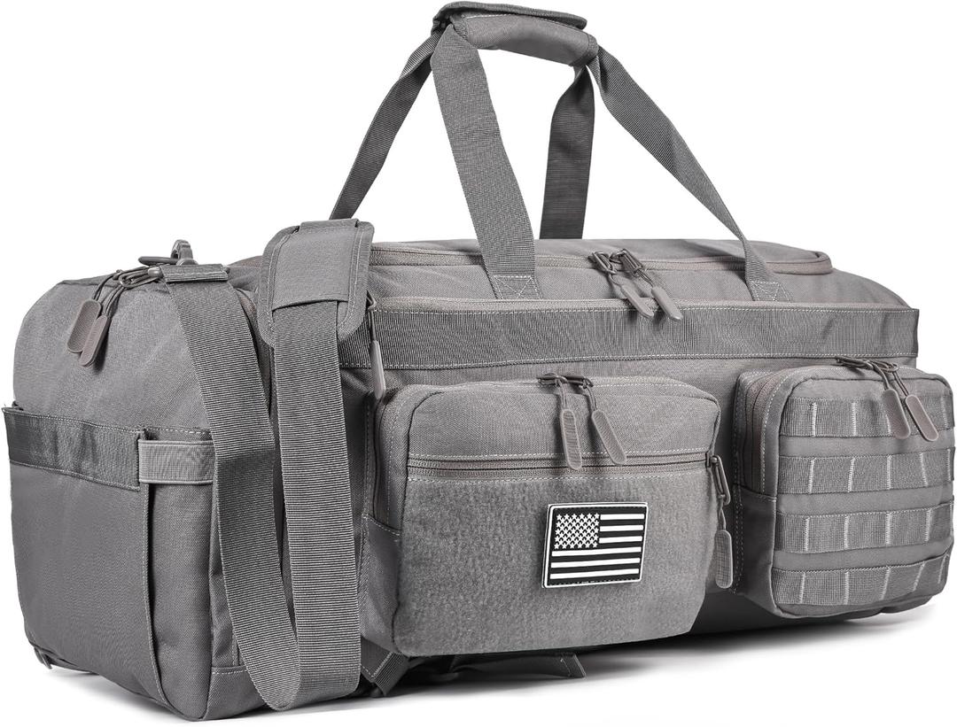 LHI 50L Tactical Duffle Bag for Men, 3-in-1 Gym Duffle and Backpack, Shoe Compartment, Laptop Sleeve and MOLLE, Carry-On Travel Weekender and Overnight Bag Gray