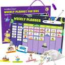 Weekly Planner for Kids - Magnetic Behavior Board Calendar with 237 Magnets, Storage Bag, Cord & Pen - Daily Routine and Chore Chart - Visual Schedule for Kids 3+ Year Old (Space Theme)