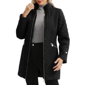 Women's Plus Size Long Quilted Jackets Diamond Quilted Lightweight Jacket Stand Collar for Spring Fall, Medium