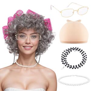Fumwase Old Lady Costume Set Granny Wig with Hair Rollers Wig Cap Grandma Glasses Eyeglass Chain Pearl Necklace Grandma Granny Costume Wig Curly Accessories for Adults Halloween Costume (Gray)
