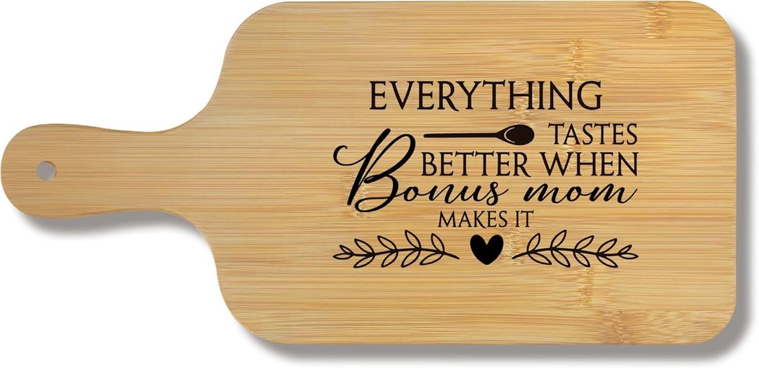 FONDCANYON Bonus Mom Gifts 15x7 Cutting Chopping Board with Handle, Best Step Mother Gifts for Mother's Day Birthday Cutting Boards for Kitchen, Bonus Mom Makes It Decorative Cheese Charcuterie Board
