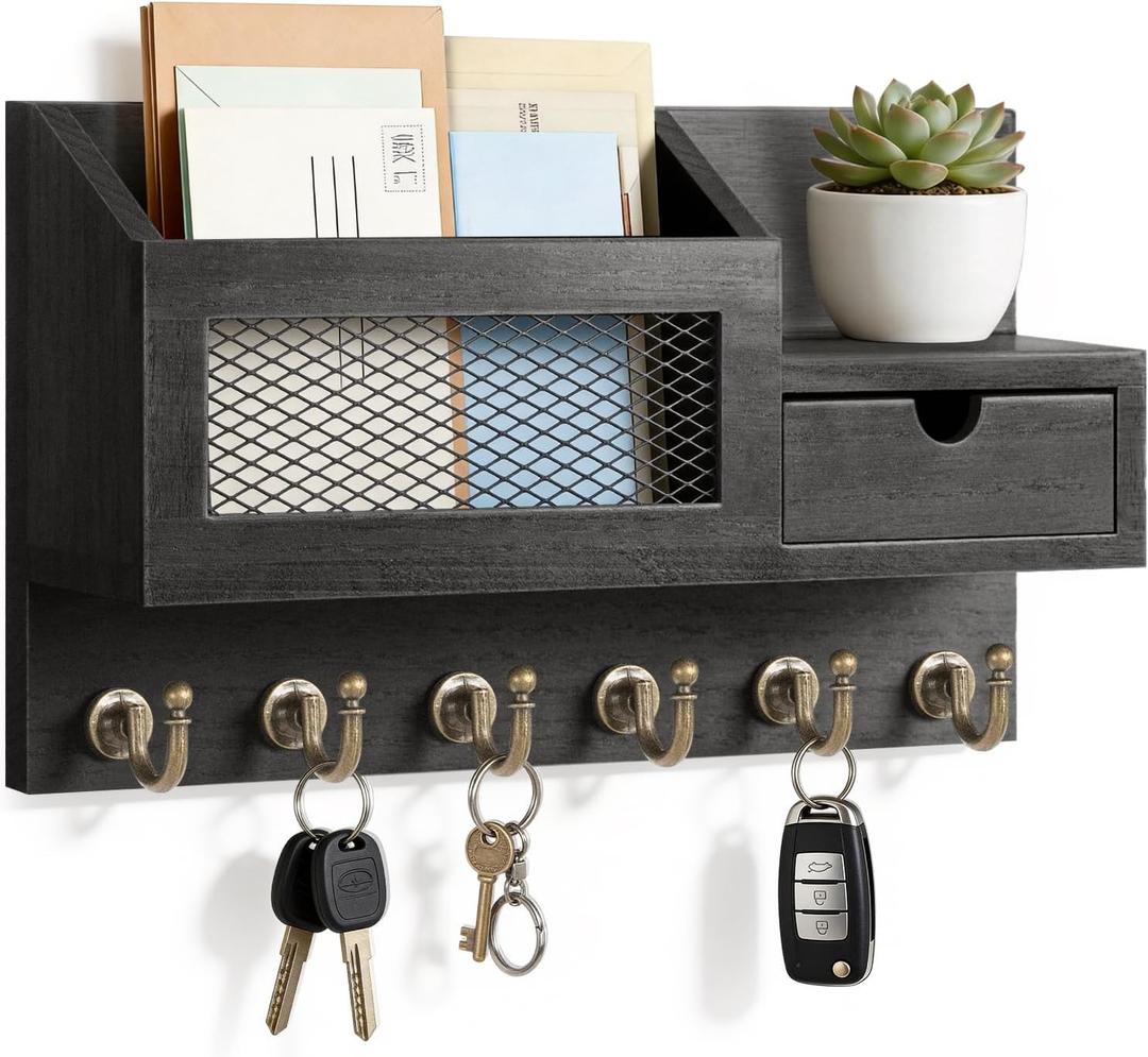 FifthQuarter Key and Mail Holder for Wall, Mail Organizer Wall Mount with 6 Hooks and Storage Drawer, Easy Installation Key Rack for Entryway and Home Decor (B-Black)