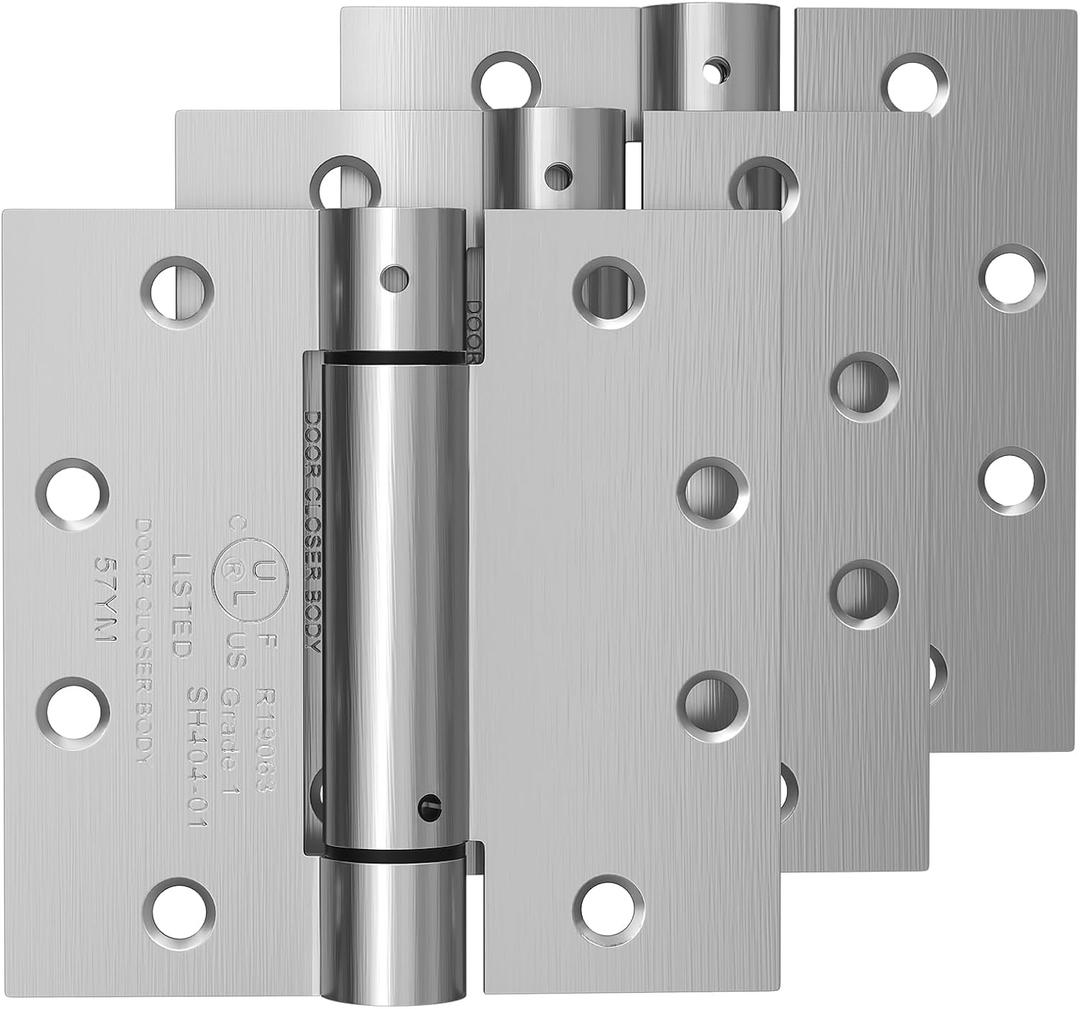3 Pack Self Closing Door Hinges, 4.5 Inch Spring Loaded Door Hinges with Square Corners, Adjustable Tension for Garage, Front, Back Door, UL Listed, Left and Right Hand (Brushed Nickel)