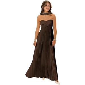 Women Bridesmaid Dress with Scarf Strapless Pleated Flowy Formal Evening Gown Maxi Dresses (Brown, L)