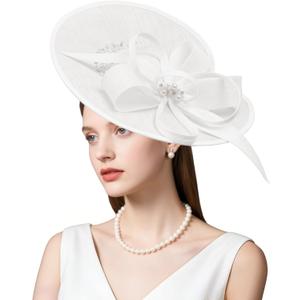 dressfan Vintage Fascinator Hats for Women,Linen Pearl Fascinator for Derby Church Wedding Tea Party (White)