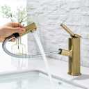 Bathroom Sink Faucet with Pull Out Sprayer, Single Handle Basin Mixer Tap for Hot and Cold Water, Lavatory Pull Down Sink Faucet with Rotating Spout (Regular,Brushed Champagne Gold)
