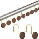 Shower Curtain Hooks, Decorative Shower Curtain Rings for Shower Curtain Rod,Imitation Wood Grain Resin Shower Curtain Hangers, Shower Hooks for Bathroom, Bedroom Set of 12 (Gold)