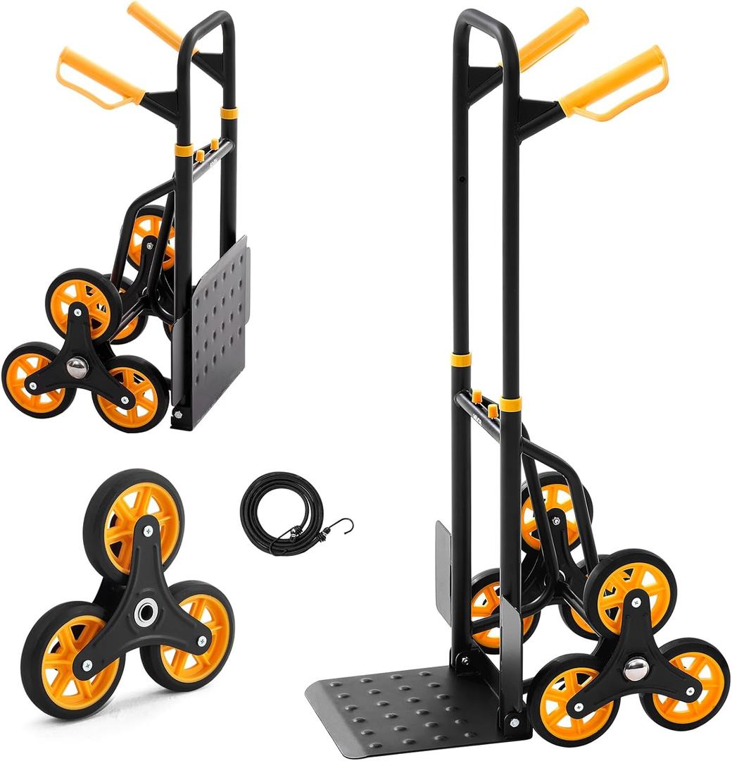VEVOR Stair Climbing Cart 440 lbs, 330 lbs Stair-Climbing Capacity, Heavy-Duty Folding Trolley Cart with Telescoping Handle, 6 Wheels and 2 Bungee Cords for Home, Groceries, Warehouse (23.6" x 18.1" x 42.9")