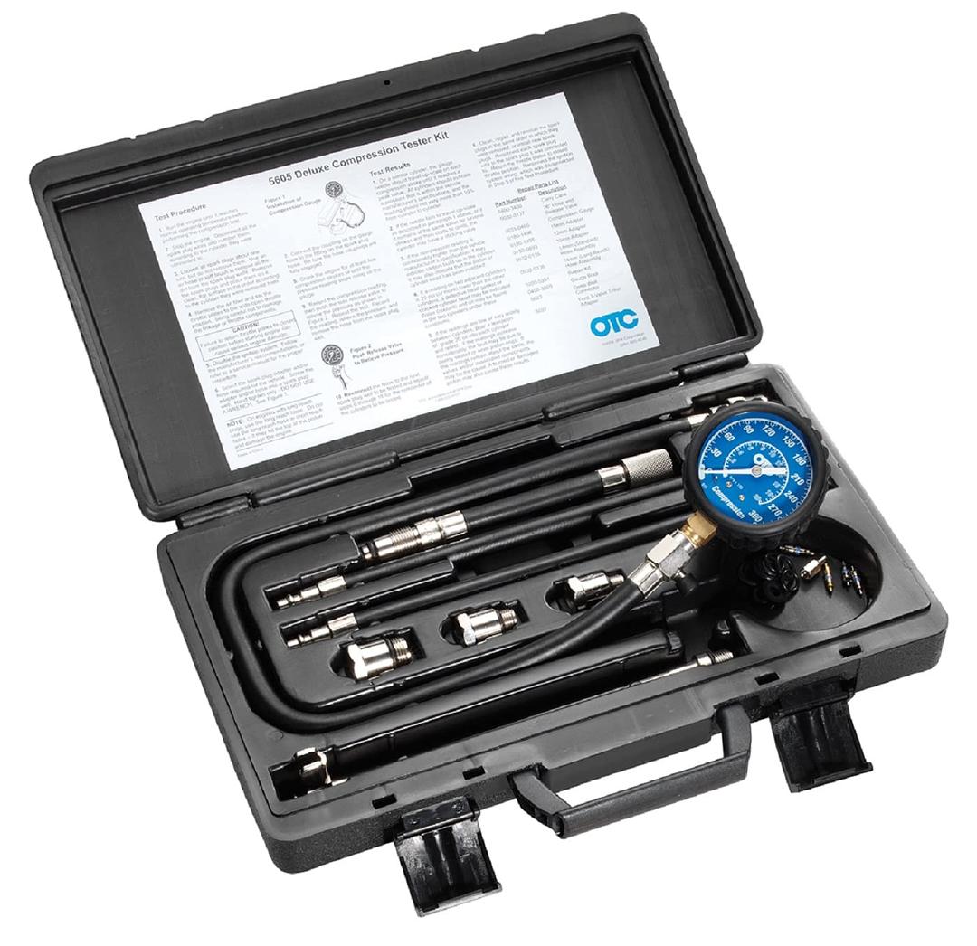 OTC 5605 Deluxe Compression Tester Kit for Gasoline Engines with Easy to Read 2-1/2" Dual Scale Gauge, Extra Long Flex Hose, Multiple Adapters, and Storage Case